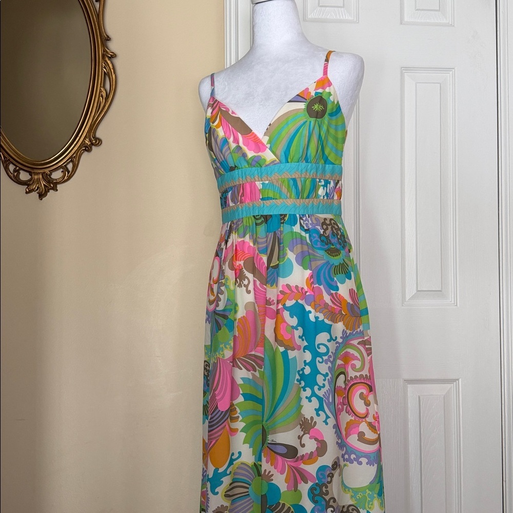 Trina Turk 100% Silk Colorful Maxi Dress Adjustable Spaghetti Straps Lined Flaw - Picture 14 of 17